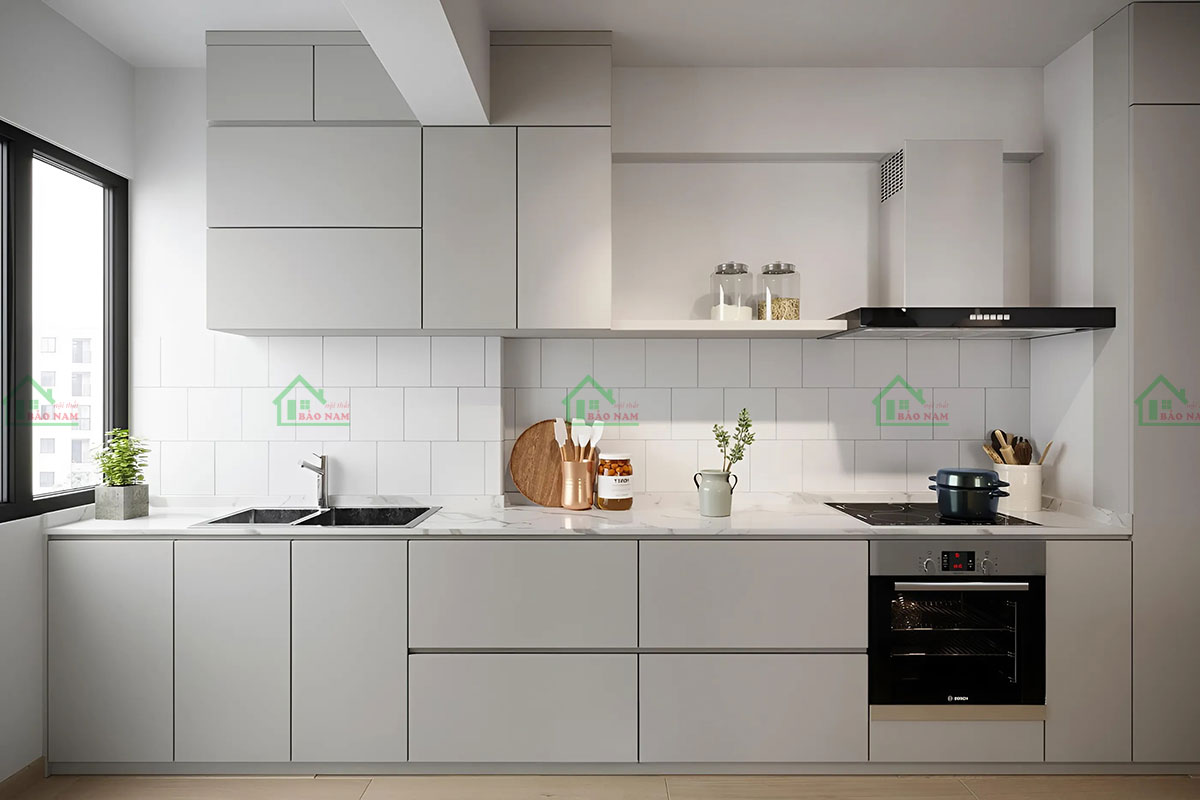 Tủ Bếp MDF Chữ I Màu Xám Trắng Hiện Đại TB68