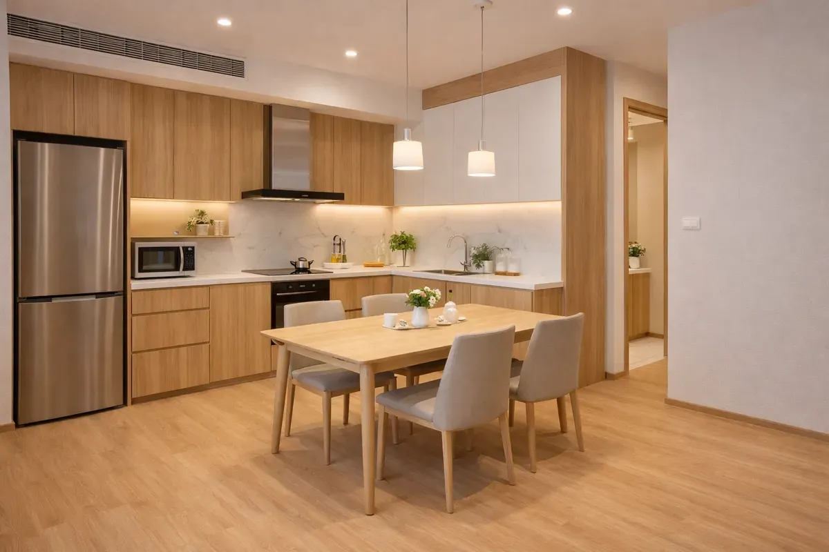 tủ bếp MDF chống ẩm chung cư 70m2