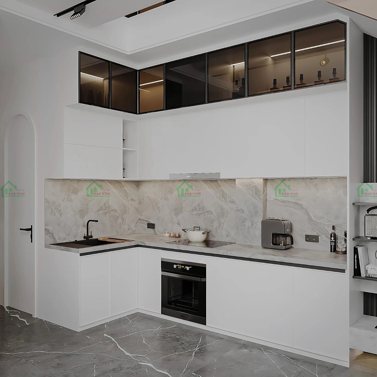 Tủ bếp MDF màu trắng sáng, tạo không gian bếp sạch sẽ và hiện đại.