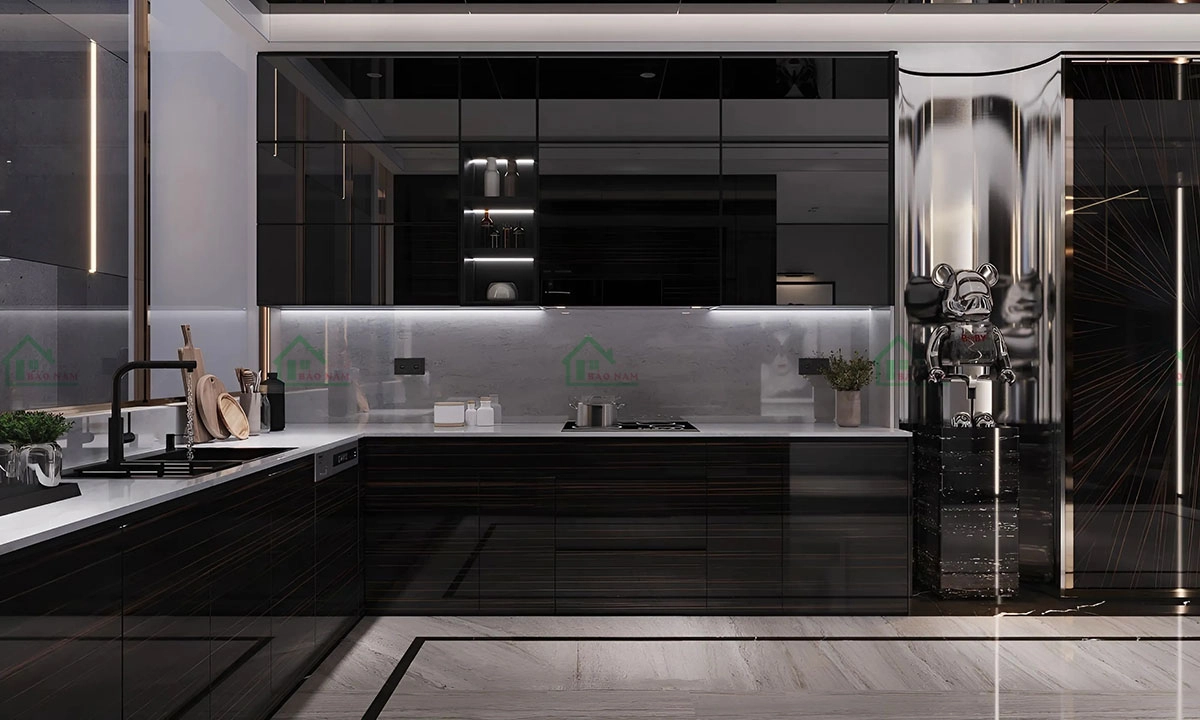 Tủ bếp MDF màu đen sang trọng và hiện đại.