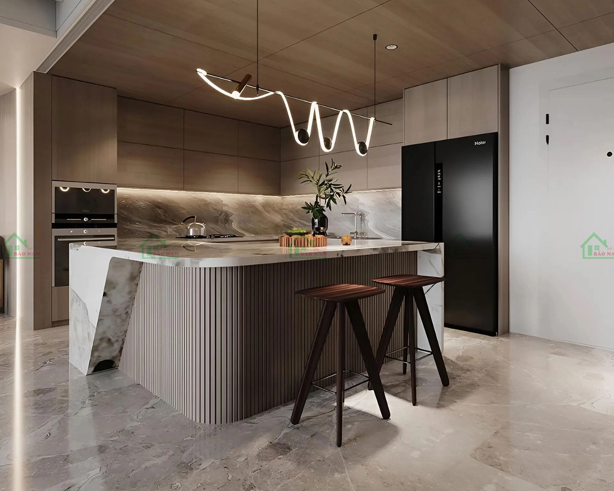 Mẫu tủ bếp MDF kết hợp đảo bếp giúp tối ưu hóa không gian bếp.