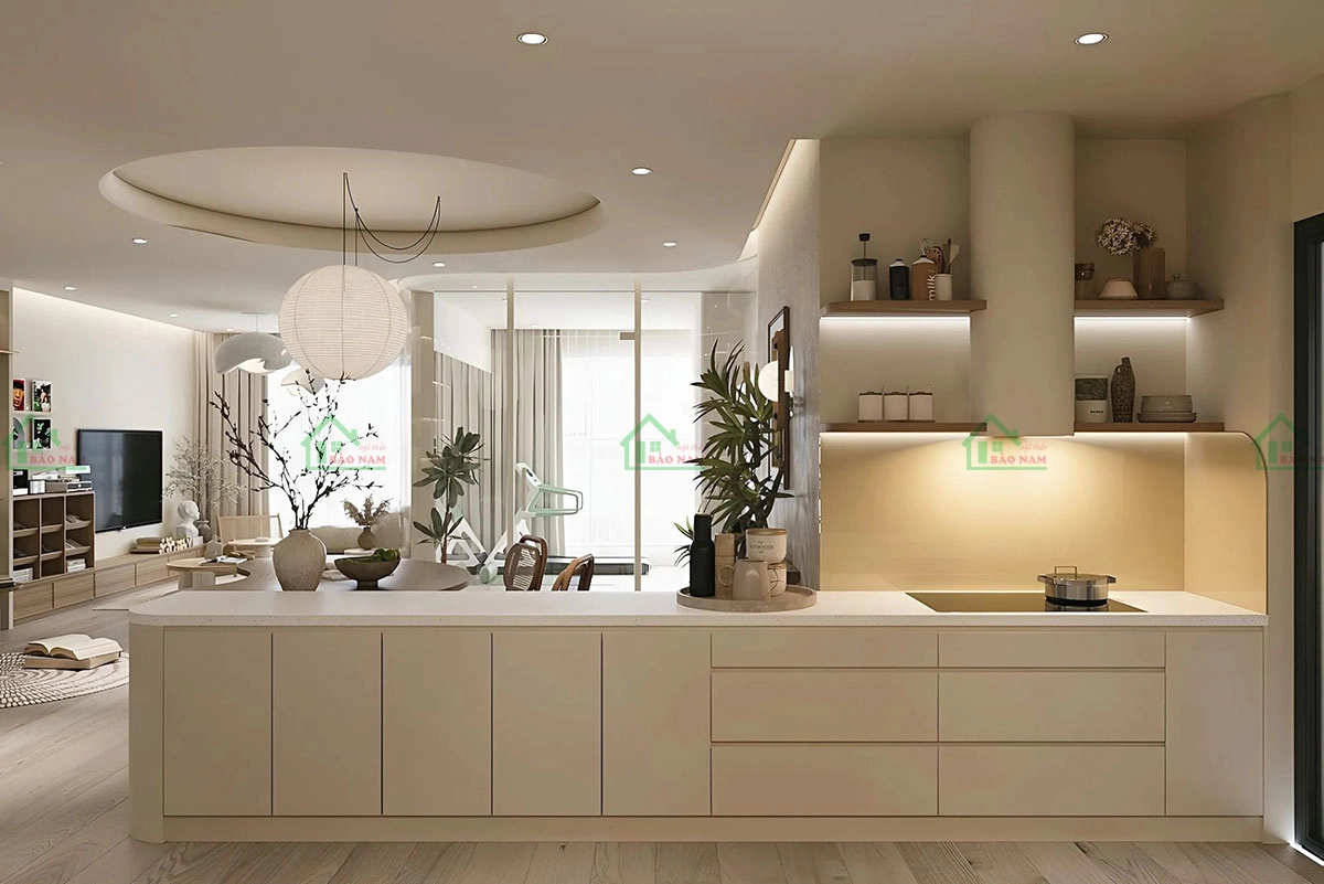 Tủ bếp MDF thiết kế với kệ mở tạo không gian bếp thông thoáng.