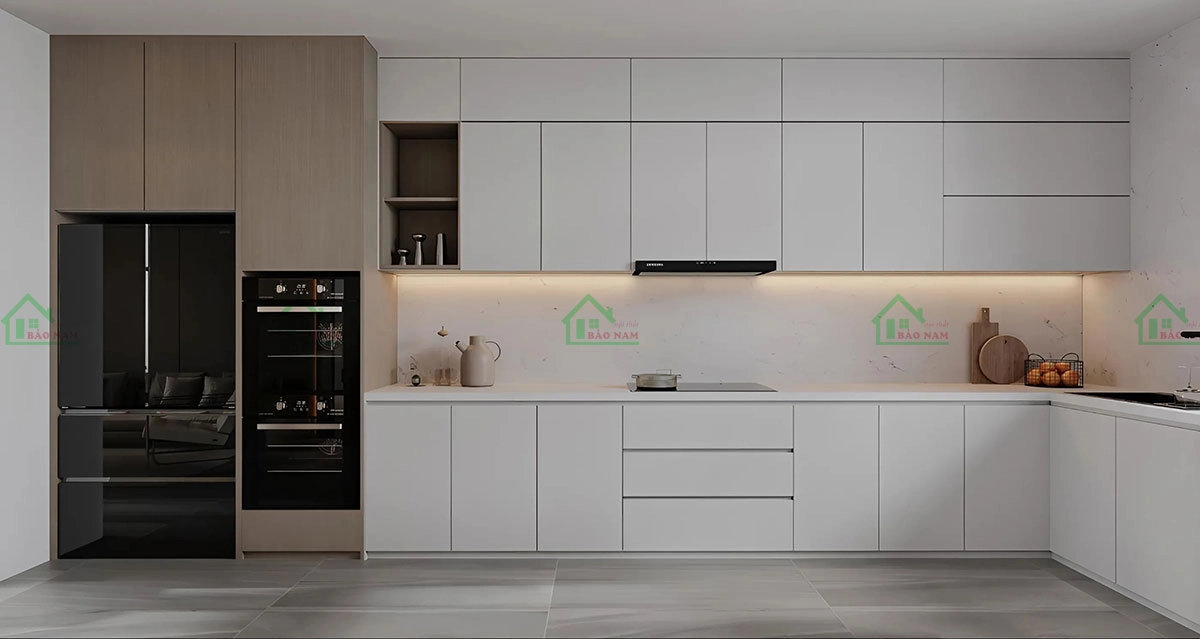 Thiết kế tủ bếp MDF tối giản, hiện đại và thanh lịch.
