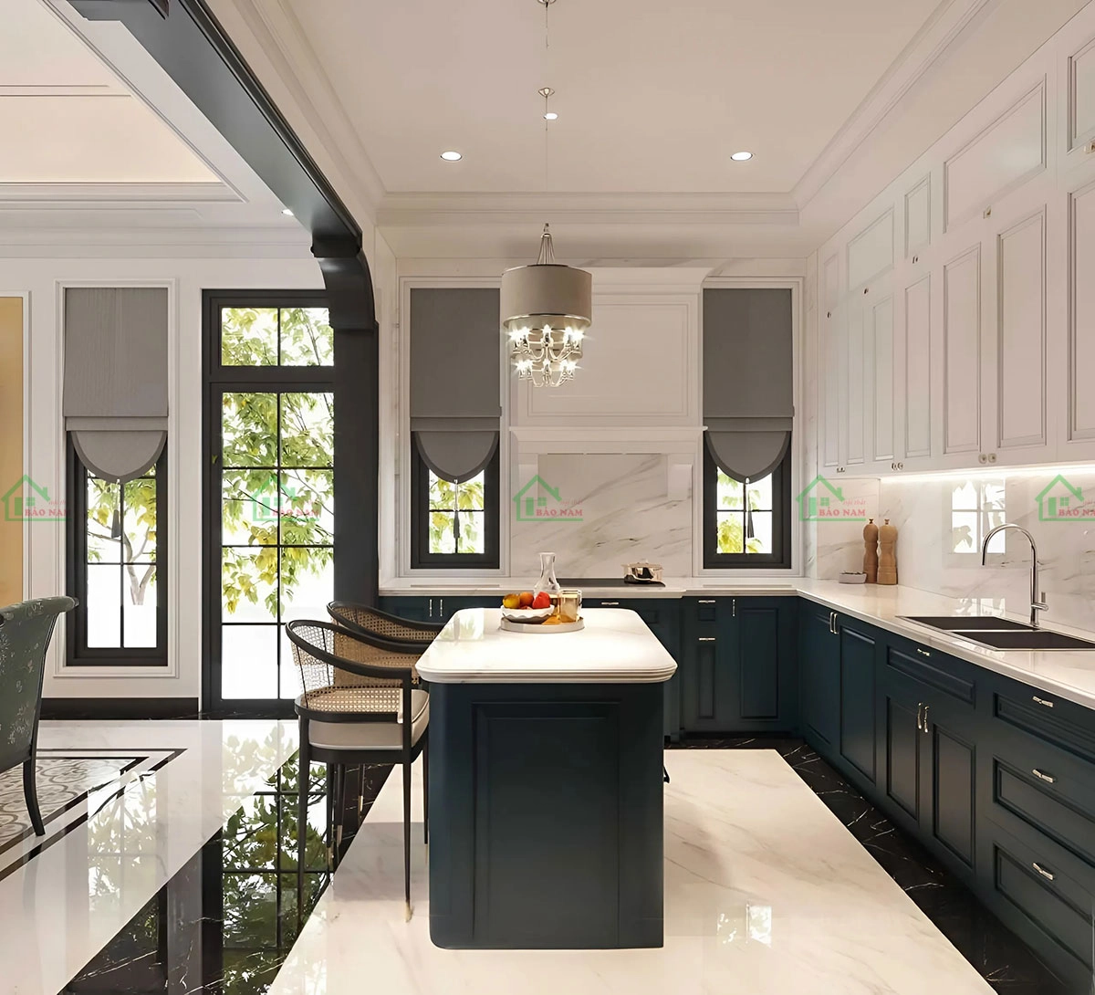 Tủ bếp MDF tân cổ điển, thiết kế cong góc tạo sự mềm mại và quyến rũ.
