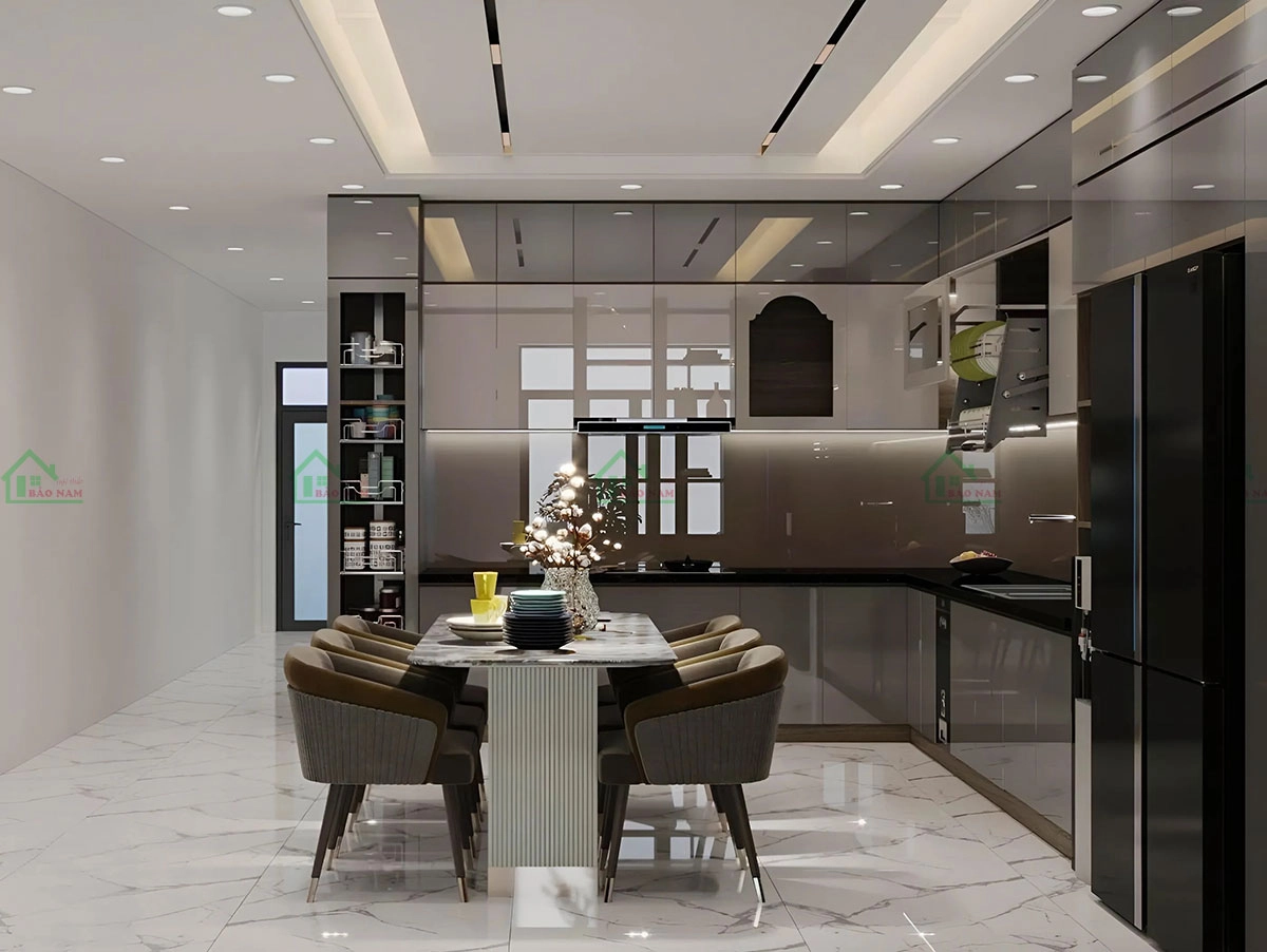 Tủ bếp MDF kết hợp gương tạo hiệu ứng mở rộng không gian.