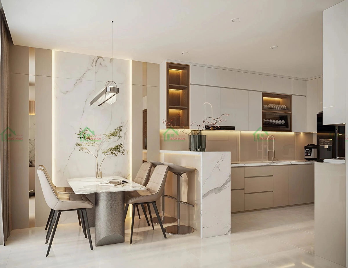 Tủ bếp MDF với quầy bar tạo không gian ăn uống thú vị.
