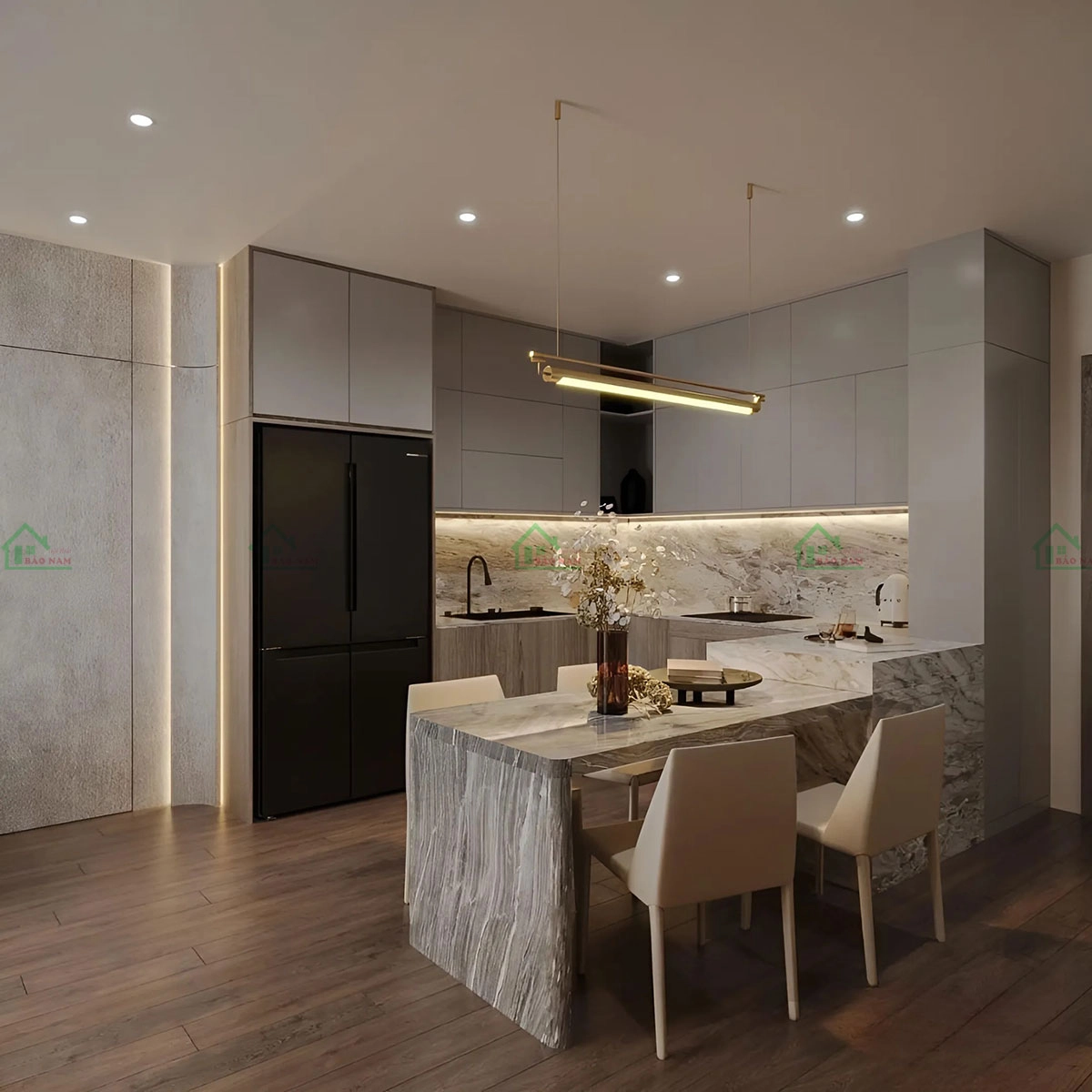 Tủ bếp MDF kết hợp khu vực ngồi tiện lợi cho gia đình.