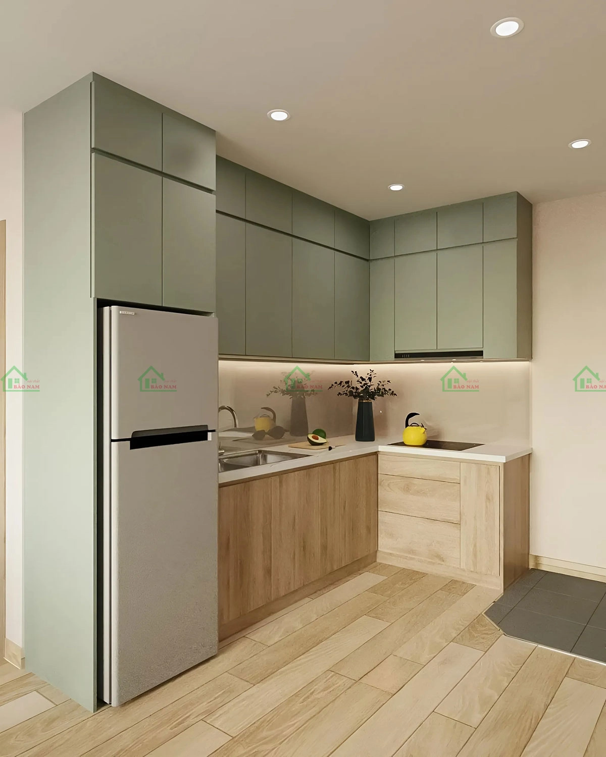 Sử dụng trông màu xanh pastel kết hợp nâu gỗ, mang lại cảm các sống động cho không gian.