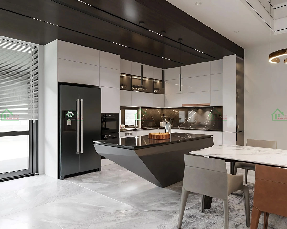 Kết hợp giữa tủ bếp MDF và các vật liệu khác như kính và inox, thể hiện sự sáng tạo.