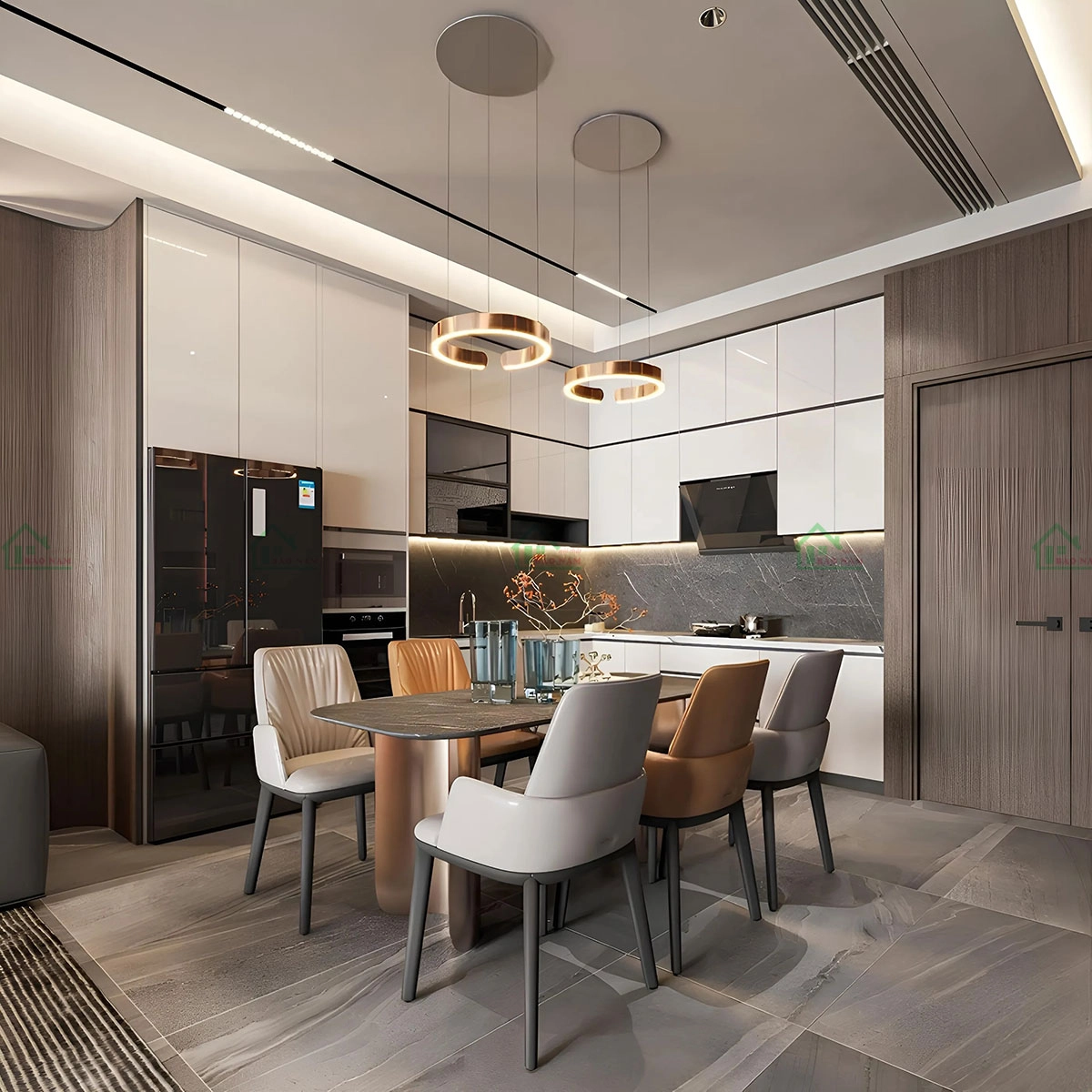 Thiết kế tủ bếp MDF tối giản với màu sắc trung tính, tạo cảm giác gọn gàng và thanh lịch.