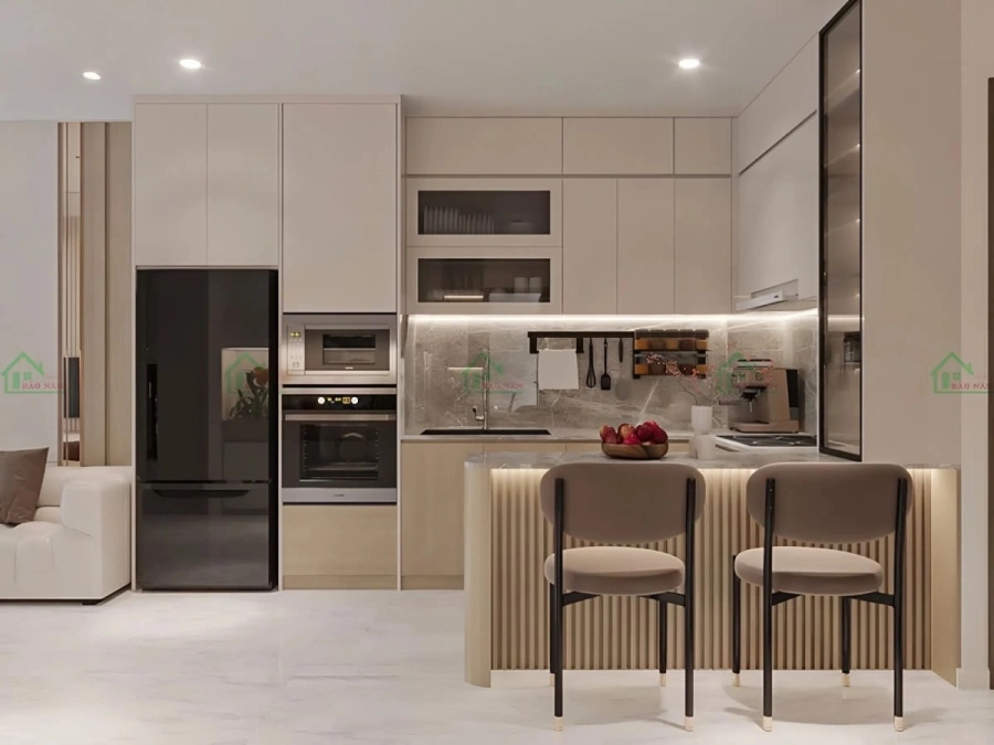 Tủ Bếp MDF Melamine An Cường Hiện Đại TB88 với thiết kế sang trọng, không gian mở và quầy bar nhỏ gọn