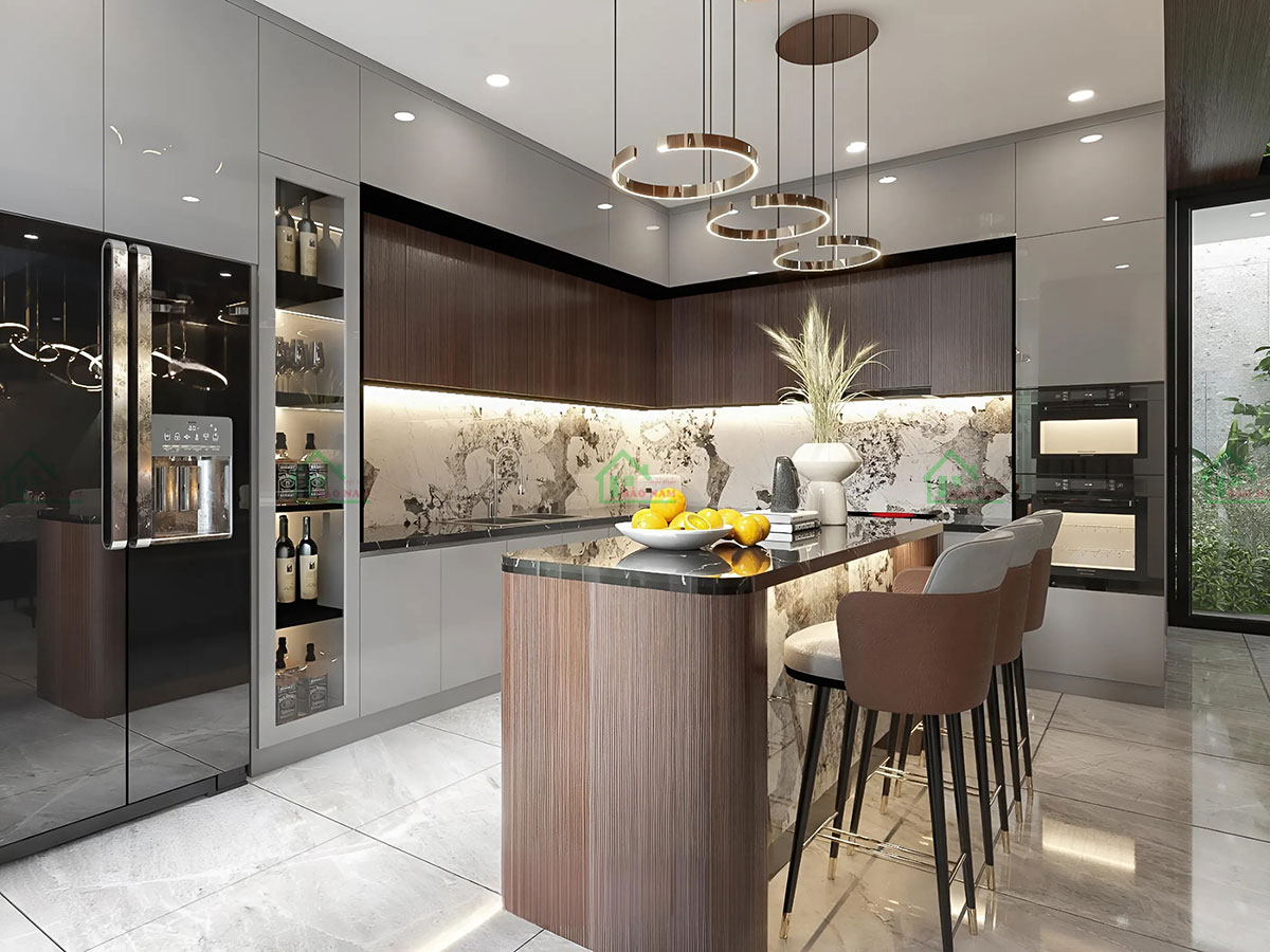Tủ bếp MDF An Cường TBA76 thiết kế hình chữ L hiện đại.