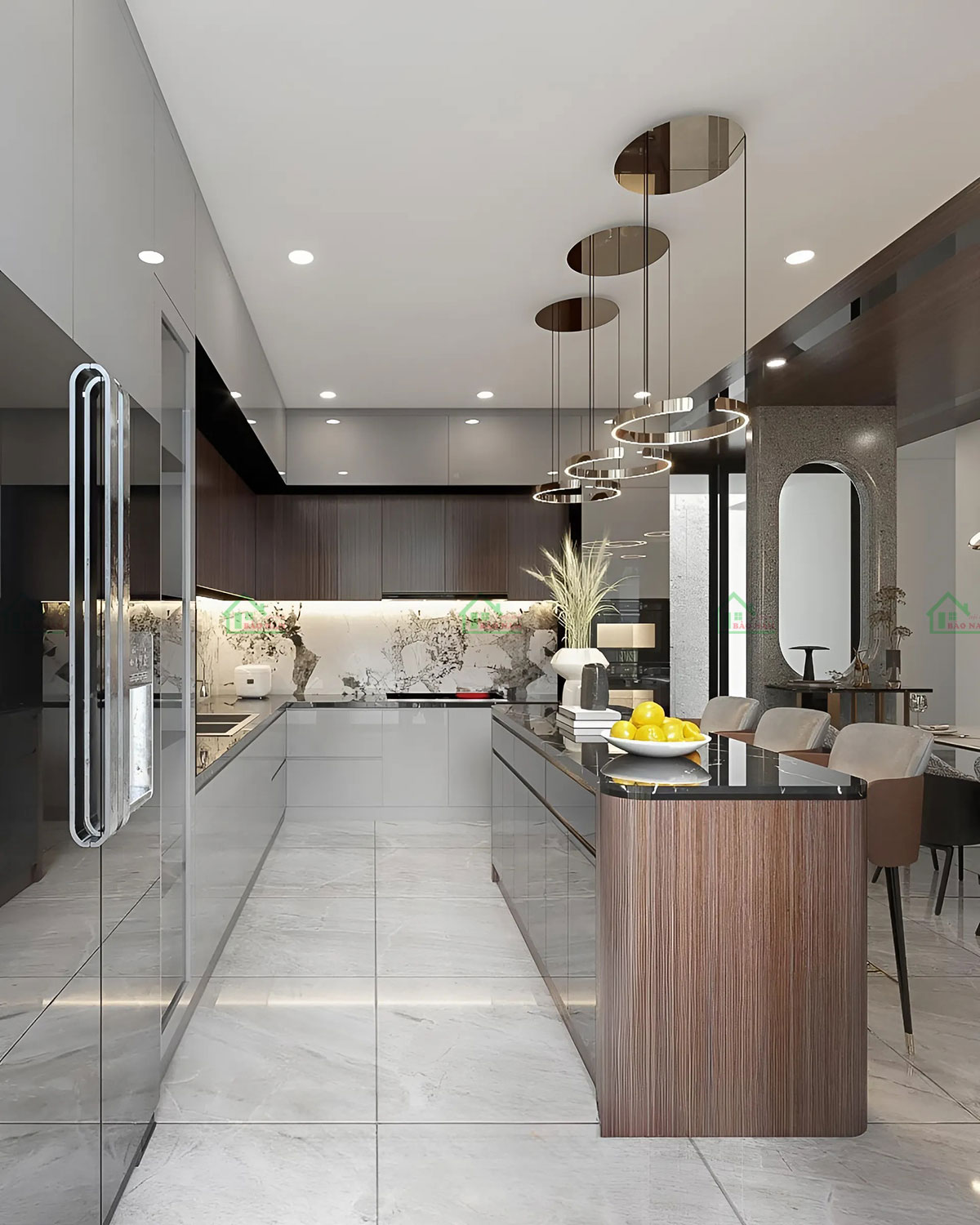 Bàn đảo acrylic màu xám kết hợp ghế bar trong không gian bếp.