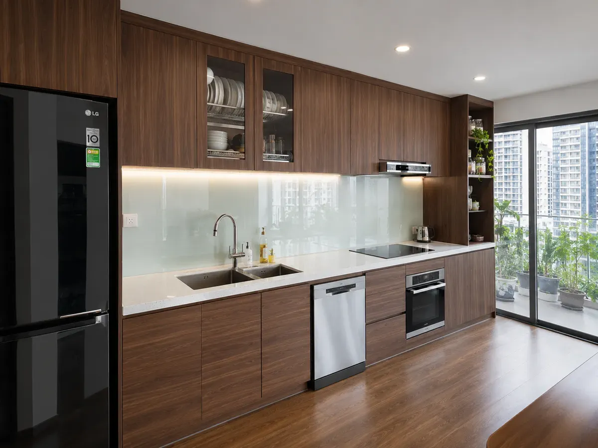 Tủ bếp MDF phủ Laminate có khả năng chống trầy xước và chịu va đập tốt.