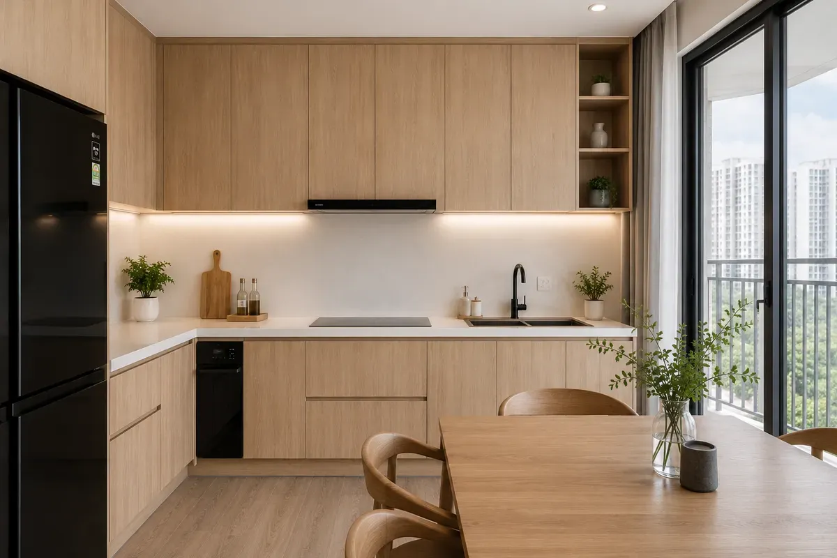 Bề mặt Melamine đa dạng màu sắc và vân gỗ, phù hợp nhiều phong cách thiết kế.