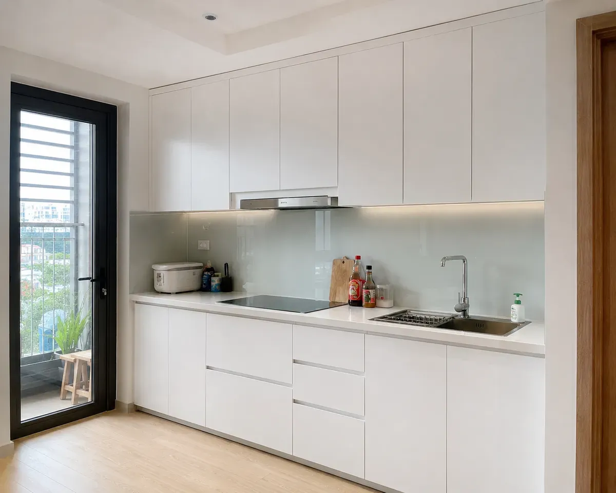 Mẫu tủ bếp MDF thường với thiết kế đơn giản, tối ưu chi phí.