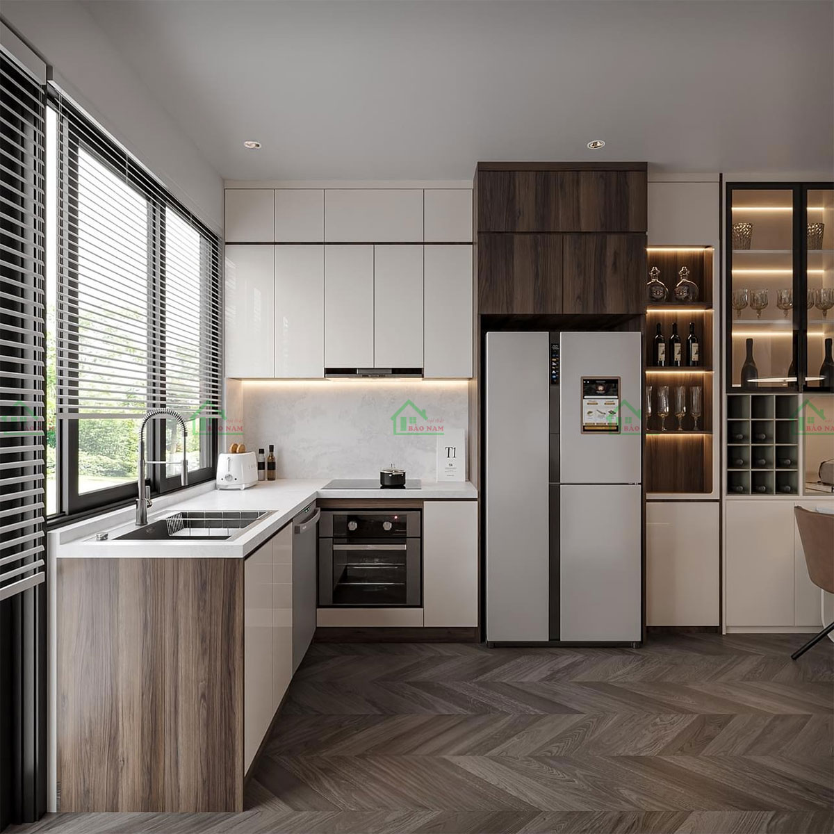 Tủ bếp Melamine An Cường TB64 thiết kế chữ L hiện đại.