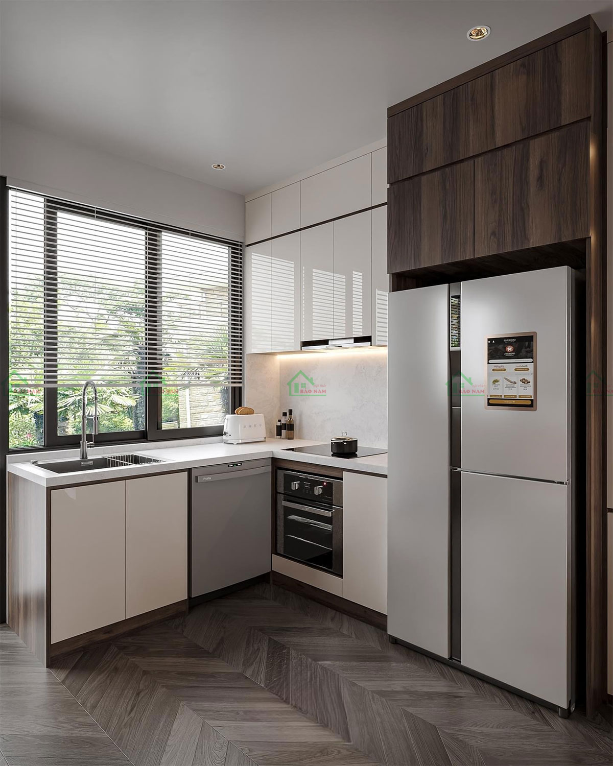 Không gian bếp với tủ Melamine An Cường TB64 và cửa sổ lớn đón ánh sáng.