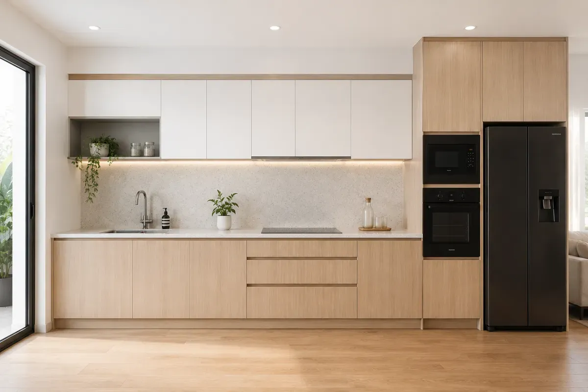 Thiết kế tủ bếp Melamine màu gỗ sáng hiện đại.
