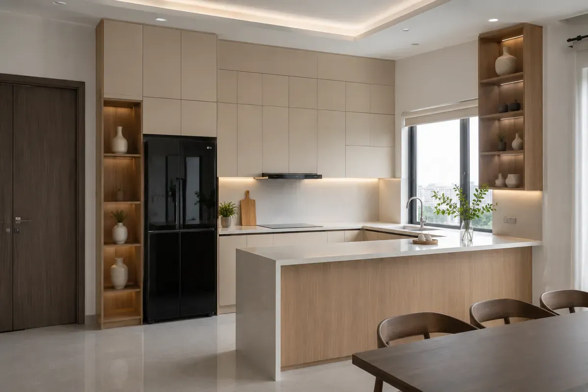 Không gian bếp Melamine tối giản và gọn gàng.