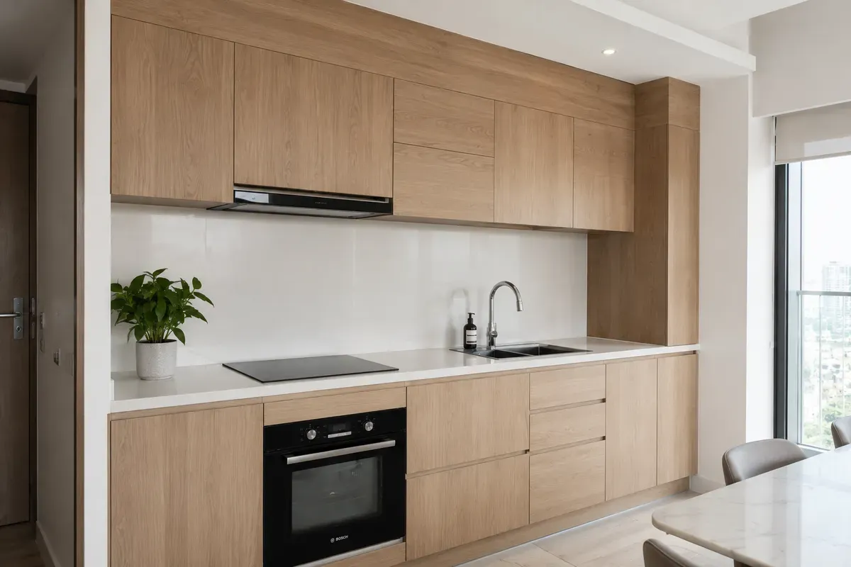 Tủ bếp Melamine vân gỗ tự nhiên.