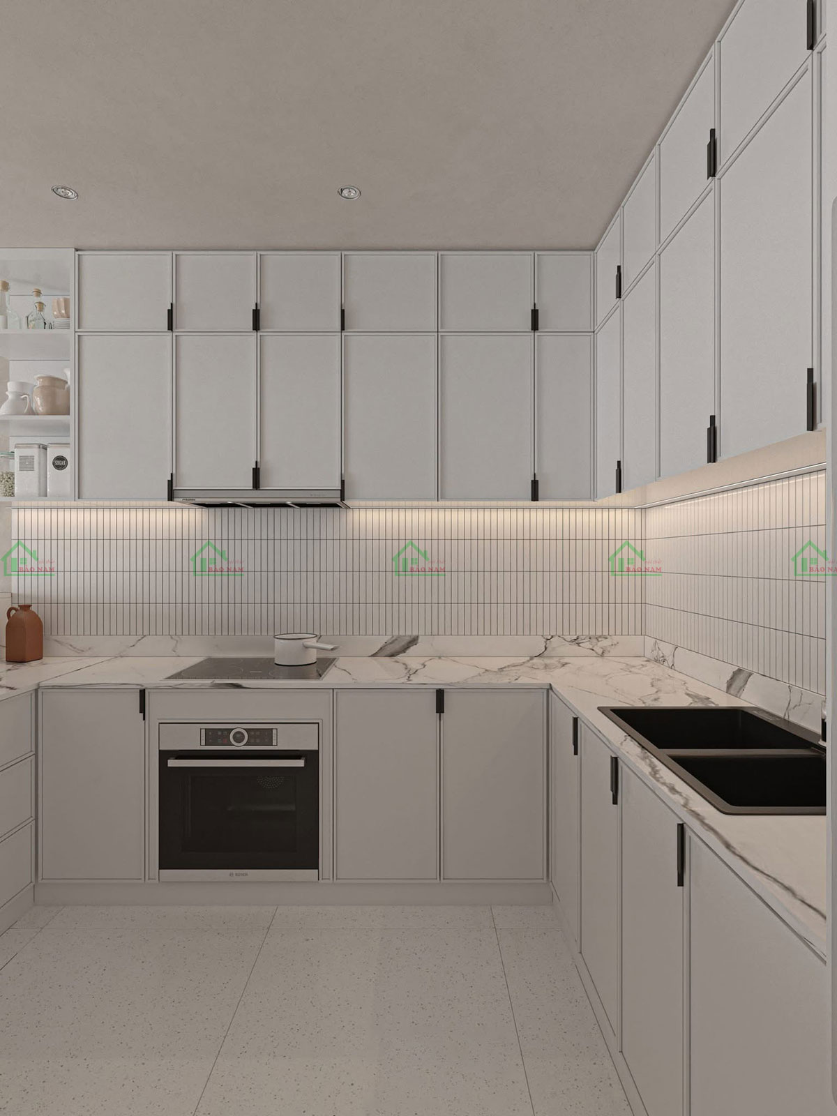 Tủ bếp gỗ công nghiệp MDF Micro Shaker BSK13 với thiết kế chữ L hiện đại