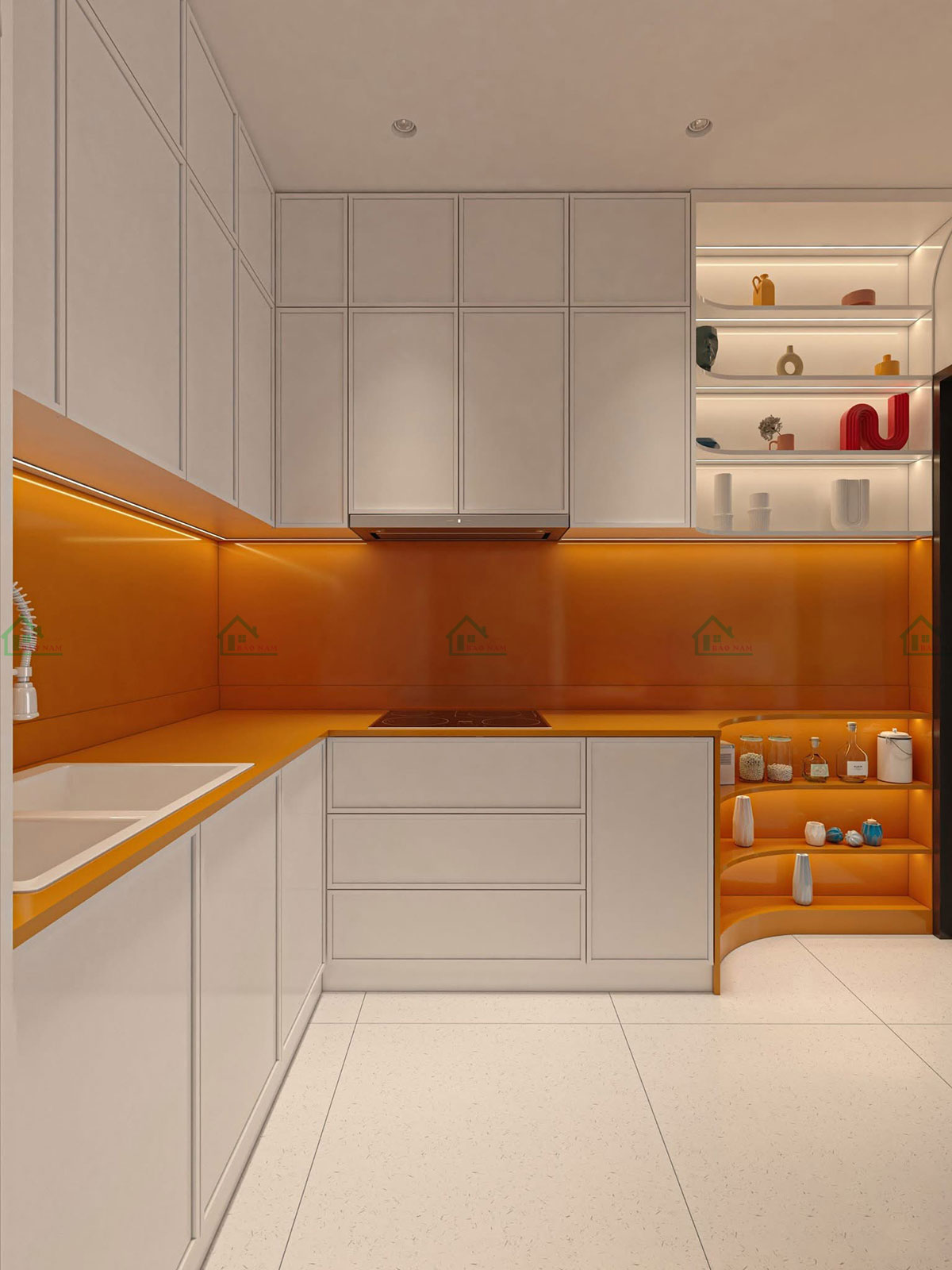 Tủ bếp gỗ công nghiệp MDF Micro Shaker BSK14 với thiết kế chữ L hiện đại