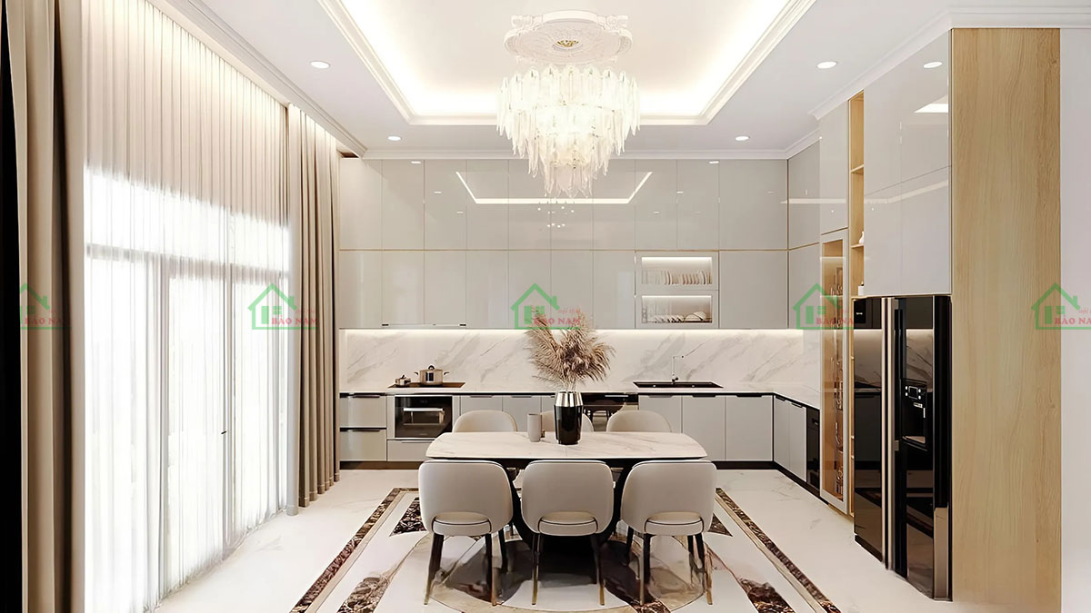 Tủ bếp nhựa An Cường TBN15 thiết kế hình chữ L hiện đại.