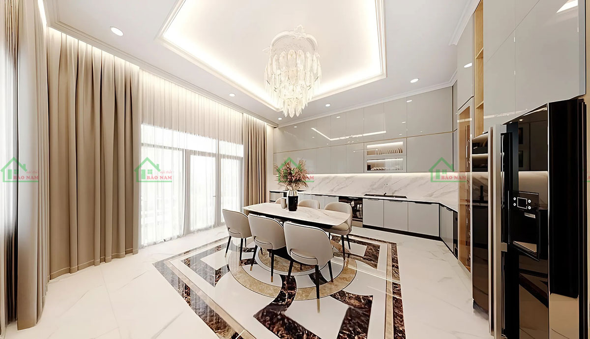 Cánh tủ bếp acrylic bóng gương sang trọng.