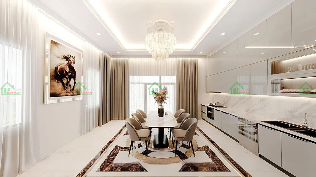 Tủ bếp cao kịch trần tối ưu không gian lưu trữ.