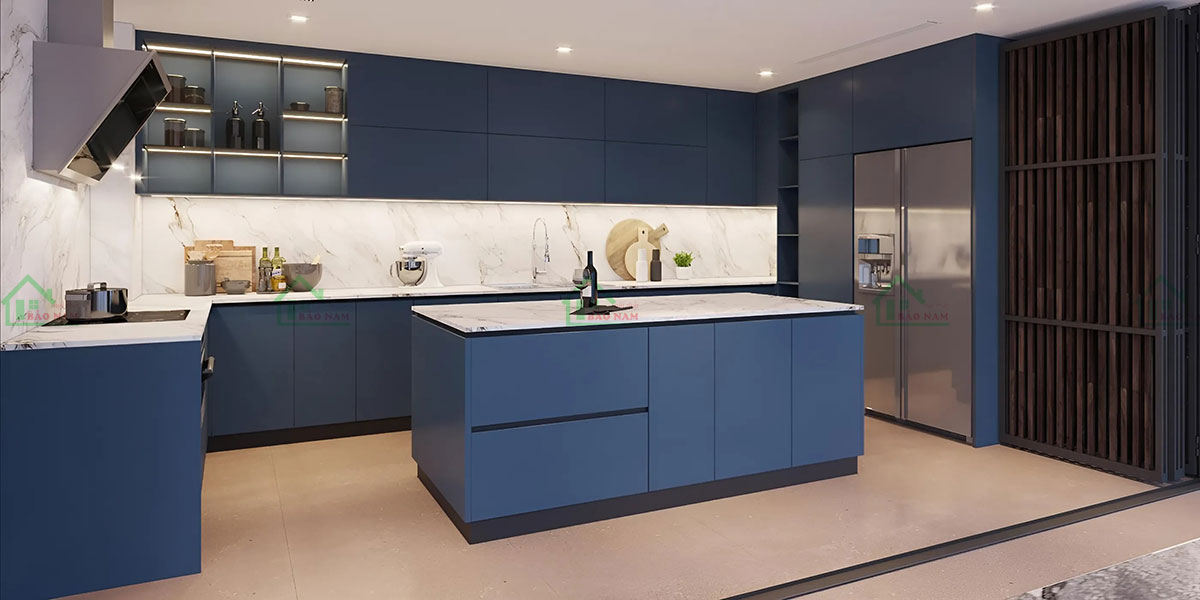 Màu xanh navy chủ đạo trong tủ bếp laminate TBN16.