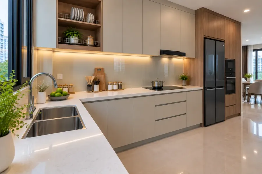 Hệ tủ dưới và mặt bàn được bố trí liên tục giữa khu vực chậu rửa, chuẩn bị thực phẩm và bếp nấu.