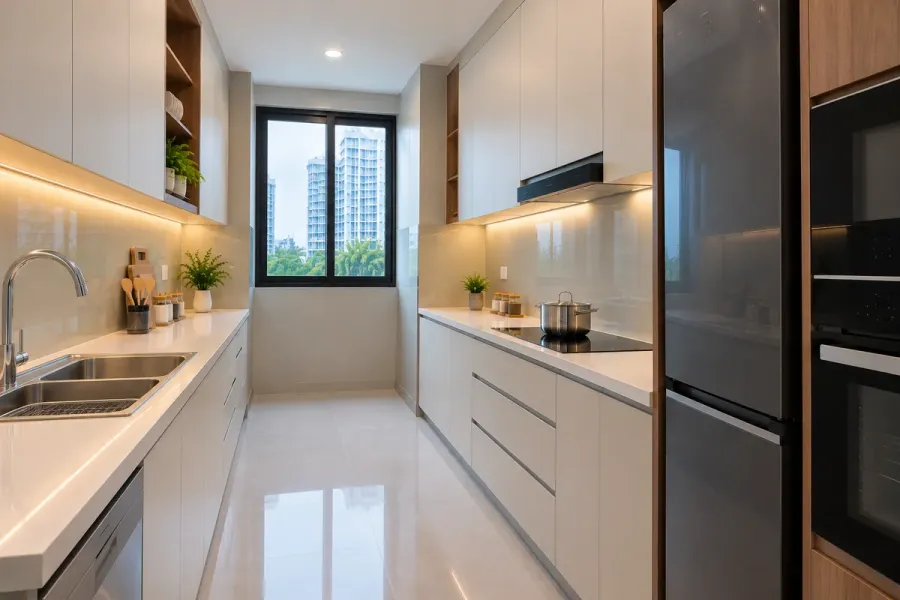 Hai dãy tủ được bố trí đối diện để phân chia khu vực chậu rửa, chuẩn bị thực phẩm và bếp nấu.