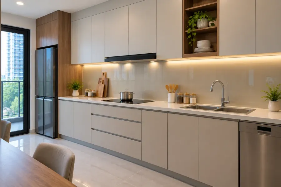 Mẫu tủ bếp nhựa PVC chữ I với hệ tủ trên và tủ dưới bố trí dọc theo tường bếp.