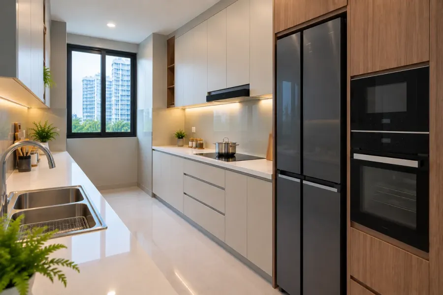 Hệ tủ đứng được bố trí cuối dãy bếp để kết hợp khu vực lưu trữ và thiết bị trong cùng hệ tủ.
