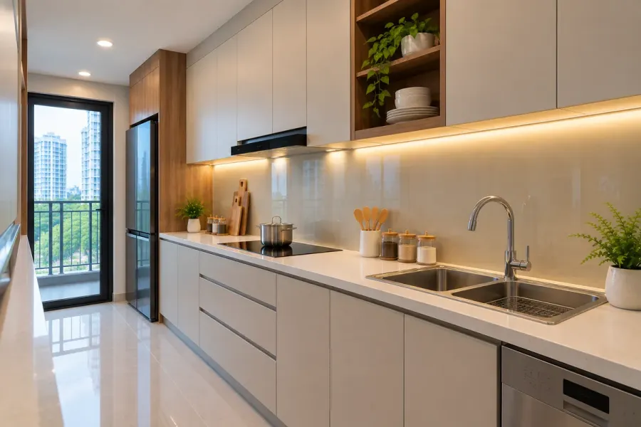 Hệ tủ bếp chữ I kịch trần tăng thêm không gian lưu trữ phía trên trong cùng khu vực bếp.