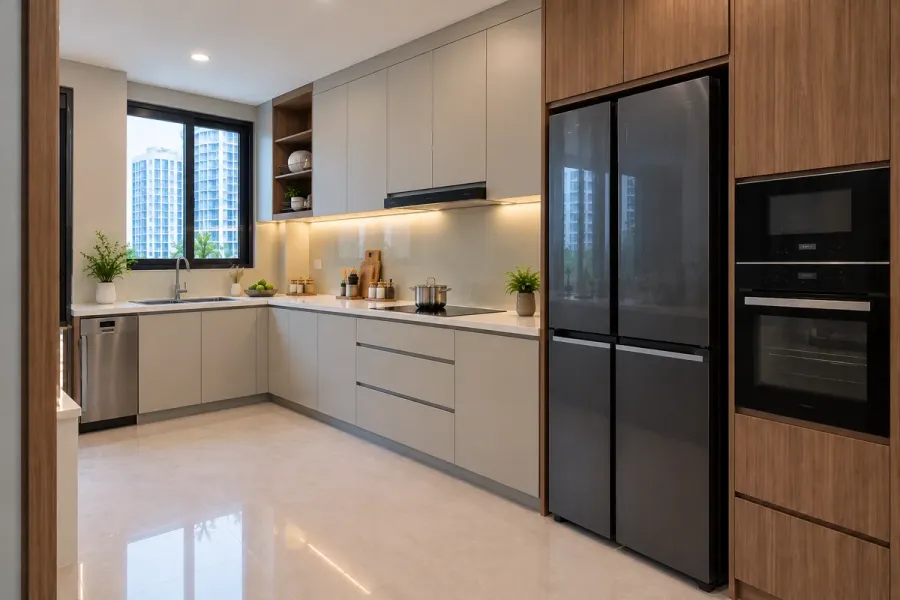 Mẫu tủ bếp nhựa màu xám kết hợp hệ tủ cao vân gỗ trong không gian bếp gia đình.