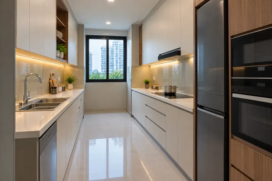 Mẫu tủ bếp nhựa PVC bố trí hai dãy song song trong không gian bếp gia đình.