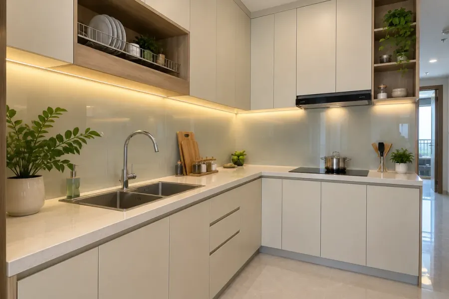 Hệ cánh phẳng được chia theo từng khoang tủ, kết hợp mặt bàn bếp và các khu vực thao tác sử dụng hằng ngày.