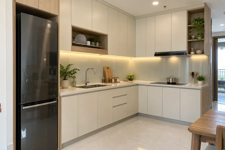 Mẫu tủ bếp nhựa chữ L với hệ tủ trên và tủ dưới được bố trí theo hai cạnh của không gian bếp.