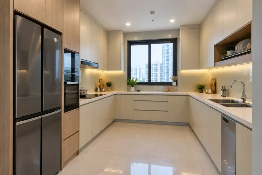Mẫu tủ bếp nhựa chữ U bố trí hệ tủ và các khu vực sử dụng trên ba cạnh của không gian bếp.