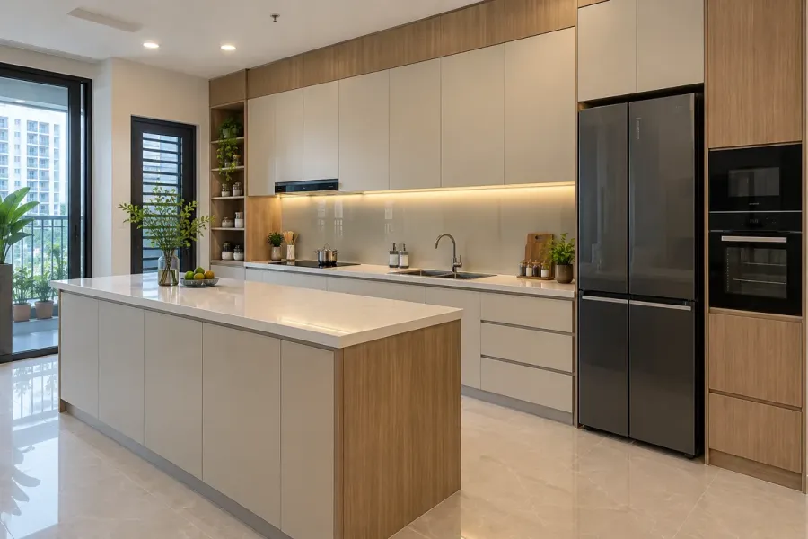 Mẫu tủ bếp nhựa kết hợp đảo bếp và hệ tủ cao trong không gian bếp gia đình.