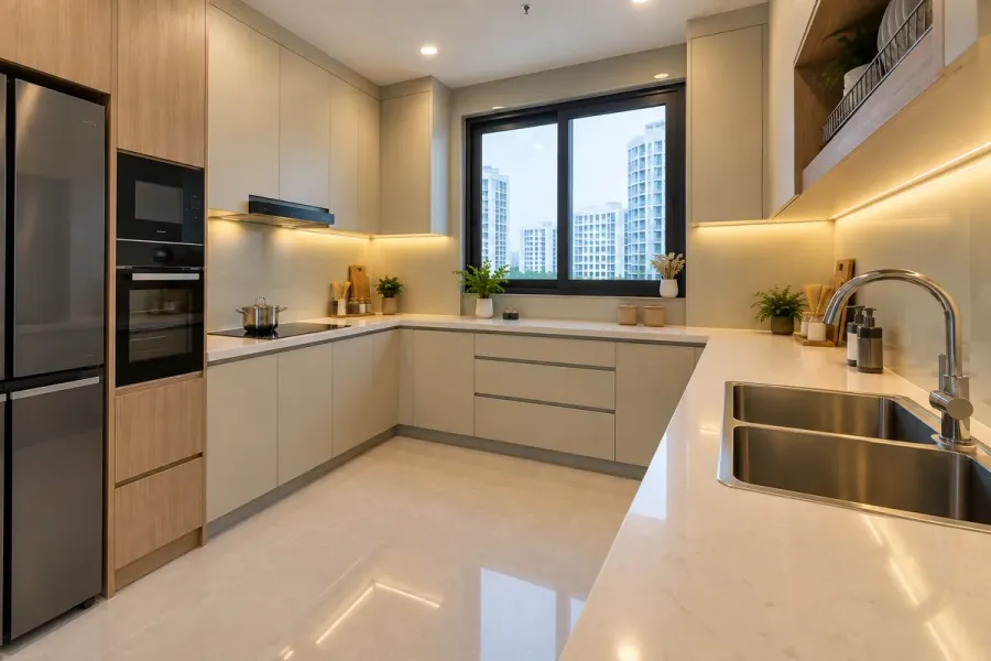 Khu vực chậu rửa được bố trí cùng hệ tủ dưới và mặt bàn trong tổng thể tủ bếp nhựa.