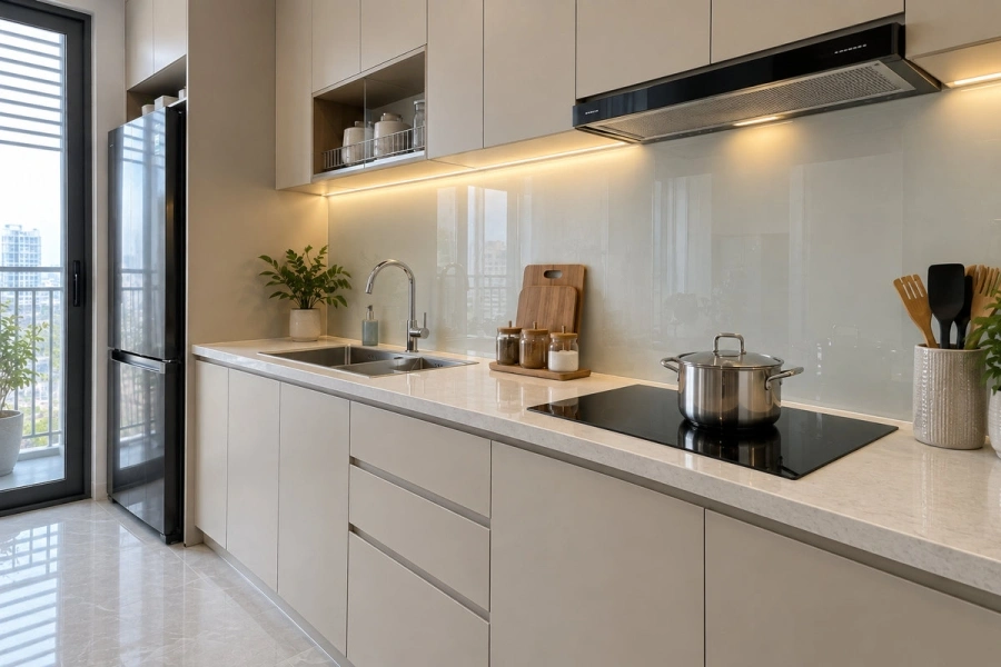 Tủ bếp nhựa WPB kịch trần với hệ tủ trên, tủ dưới và khu vực bếp được bố trí liền mạch.