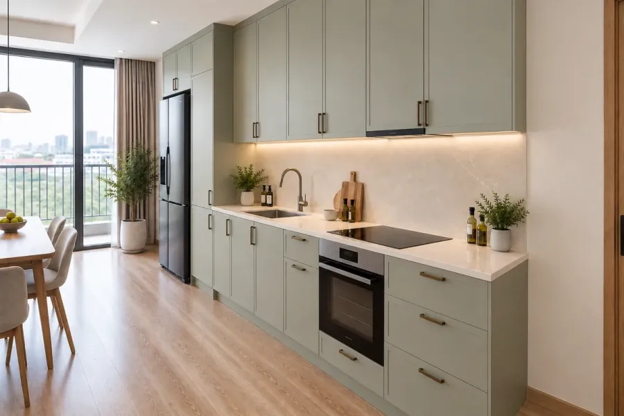 Tủ bếp Shaker kịch trần với tủ trên, đá ốp tường và tủ dưới chạy thẳng hàng đến cuối hệ bếp.