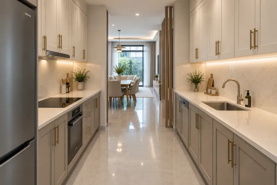 Hai dãy tủ được bố trí đối diện nhau, giữ khoảng đi lại ở giữa và tách khu vực chậu rửa khỏi khu vực bếp nấu.