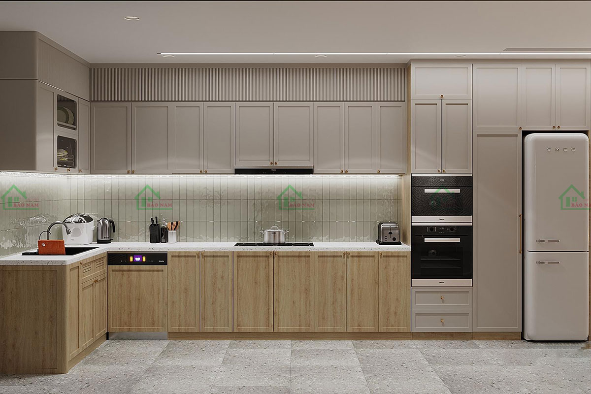 Sự kết hợp giữa gỗ công nghiệp và đá terrazzo tạo nên sự sang trọng