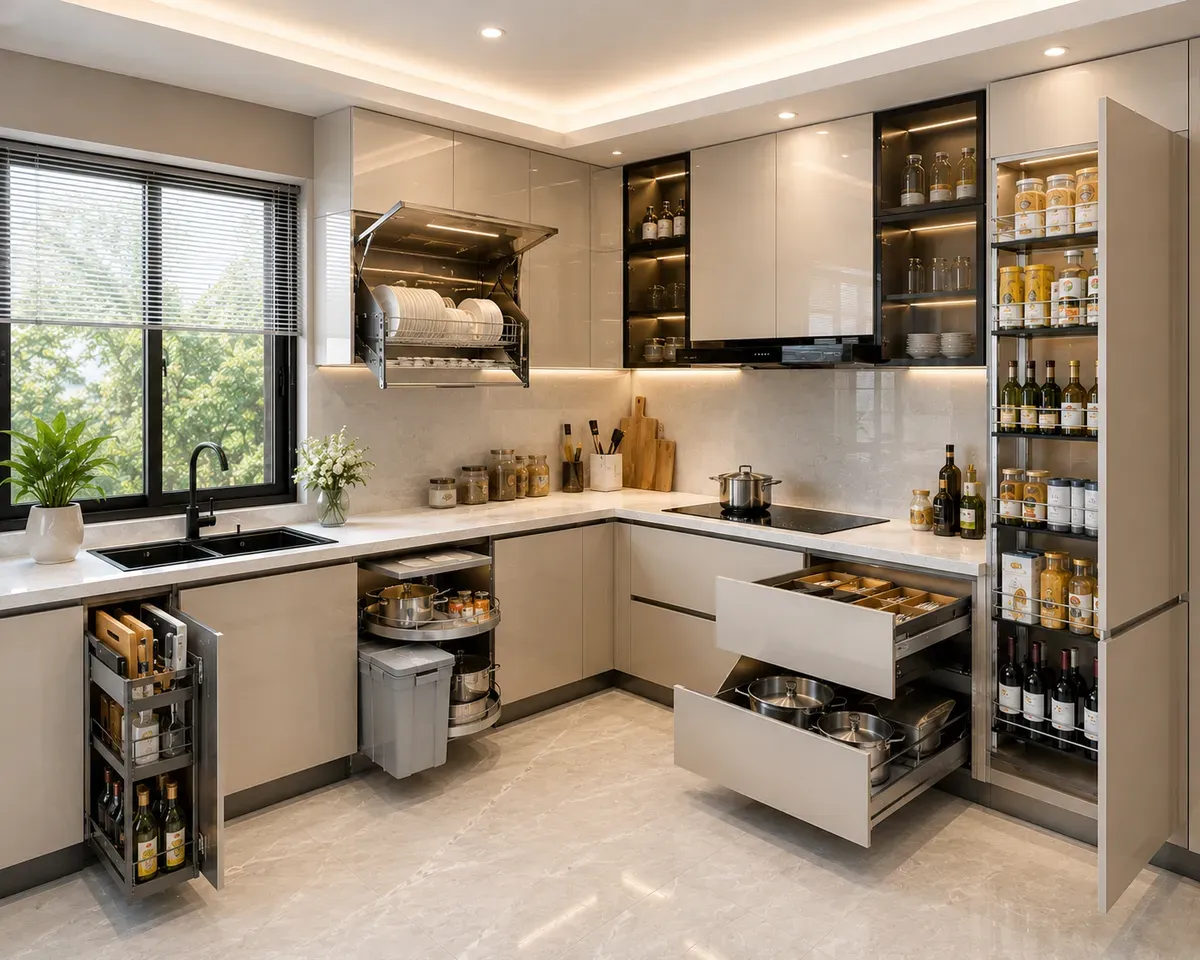 Mẫu tủ bếp chữ L kết hợp phụ kiện góc giúp tăng diện tích lưu trữ.