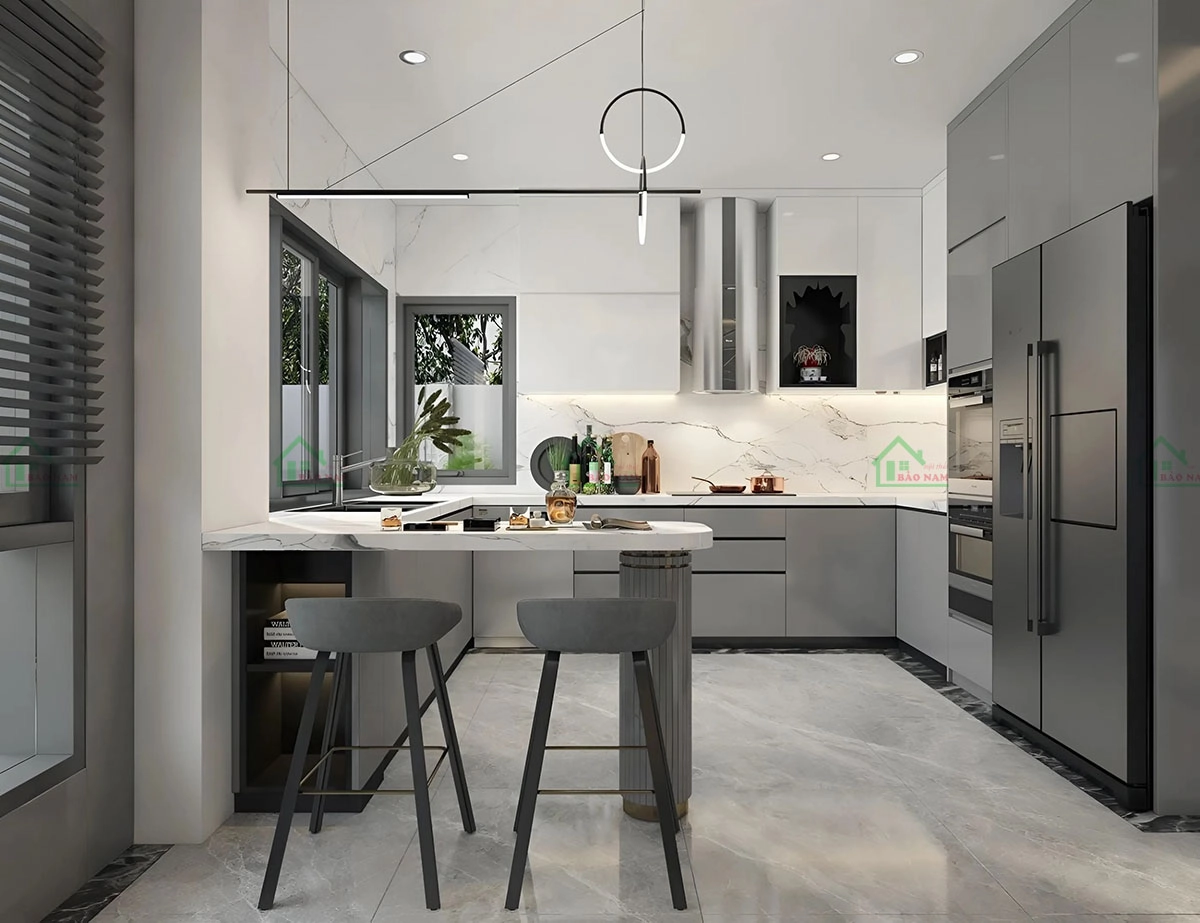 Mẫu tủ bếp gỗ MDF đẹp hiện đại với thiết kế tinh tế và màu sắc bắt mắt