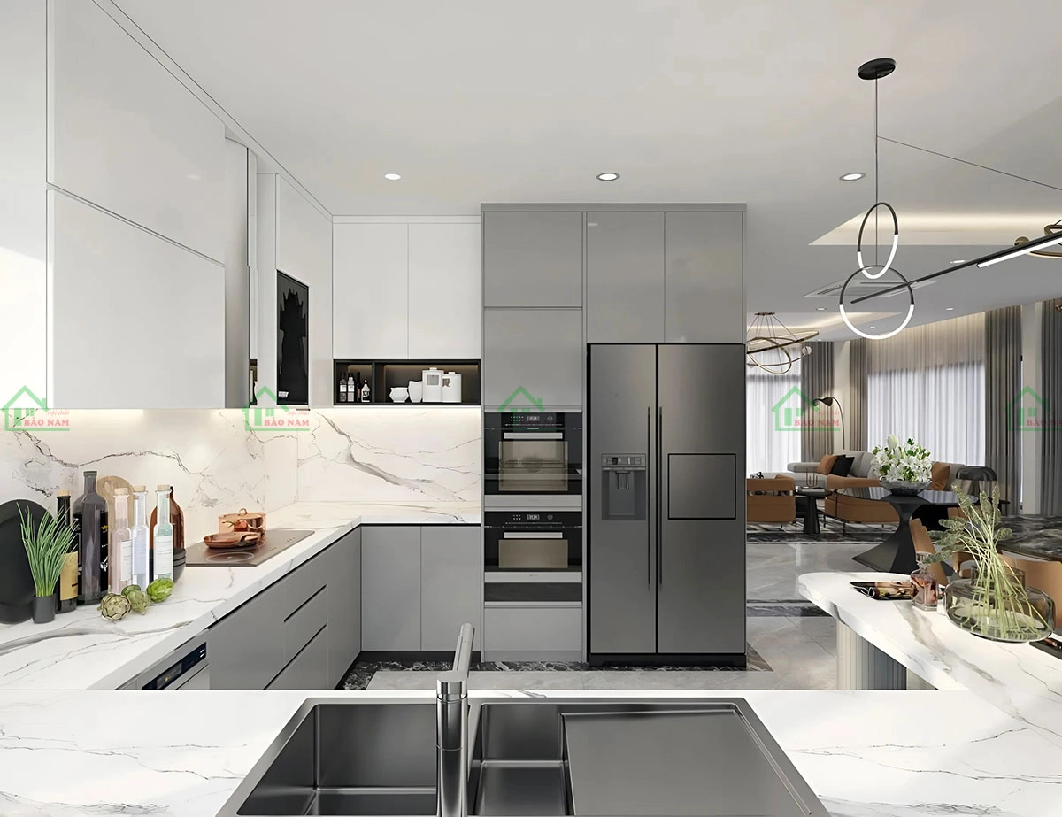 Mẫu tủ bếp gỗ MDF hiện đại với thiết kế tinh tế và tích hợp tính năng thông minh.